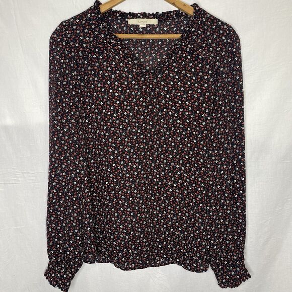 LOFT Blouse Floral Ruffle Trim V-Neck Puff Long Sleeve Pleated Womens S Black - Picture 2 of 13